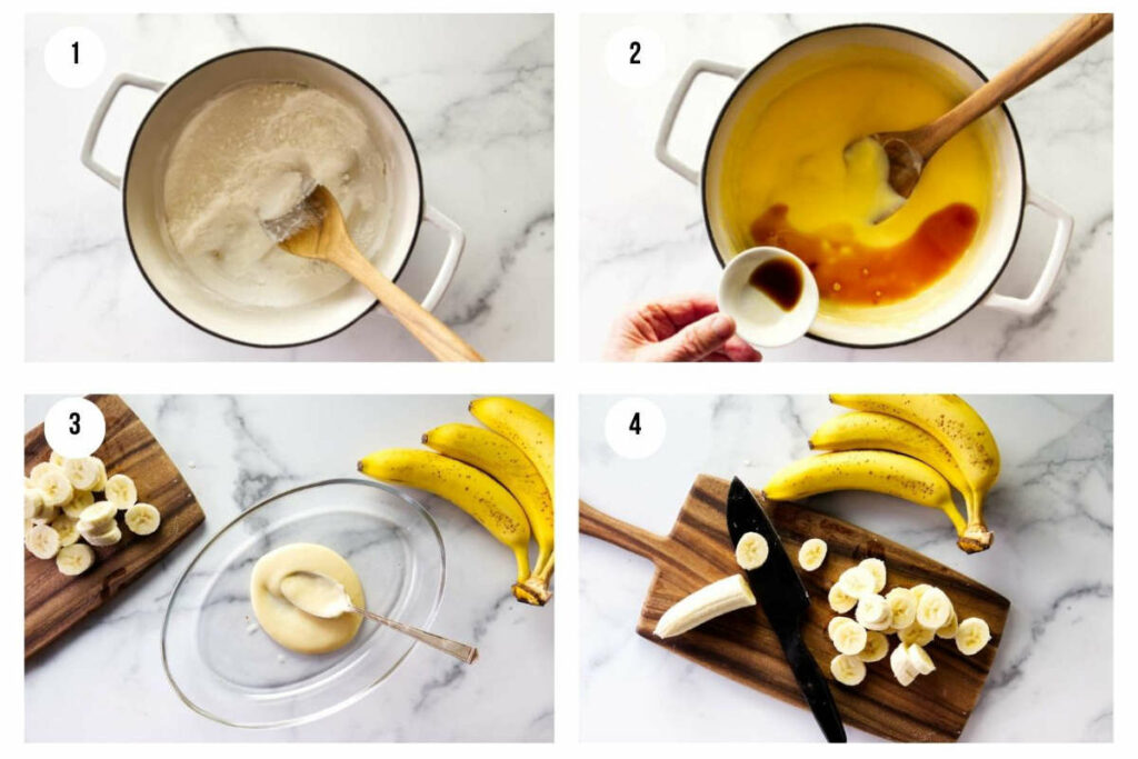 Four photos showing how to make custard for banana pudding.