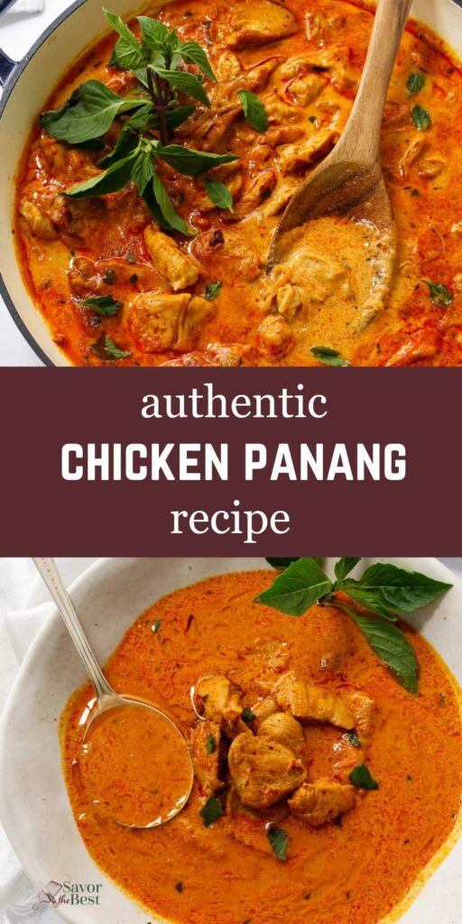Chicken Panang curry in pot and bowl, garnished with basil, recipe text visible.