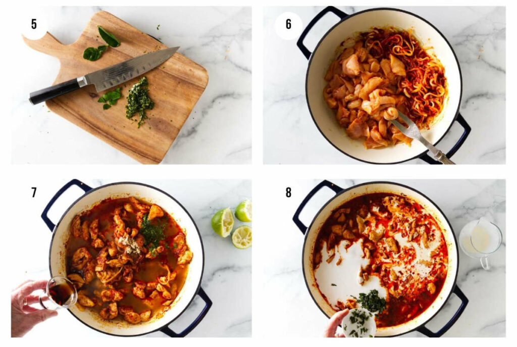 Four photos showing how to make chicken panang curry.