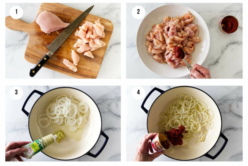 Four photos showing how to prepare a recipe for chicken panang curry.