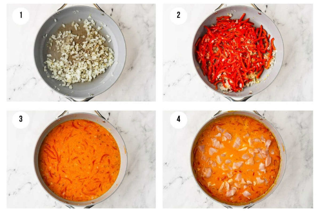 Four photos showing how to make peanut butter chicken curry.