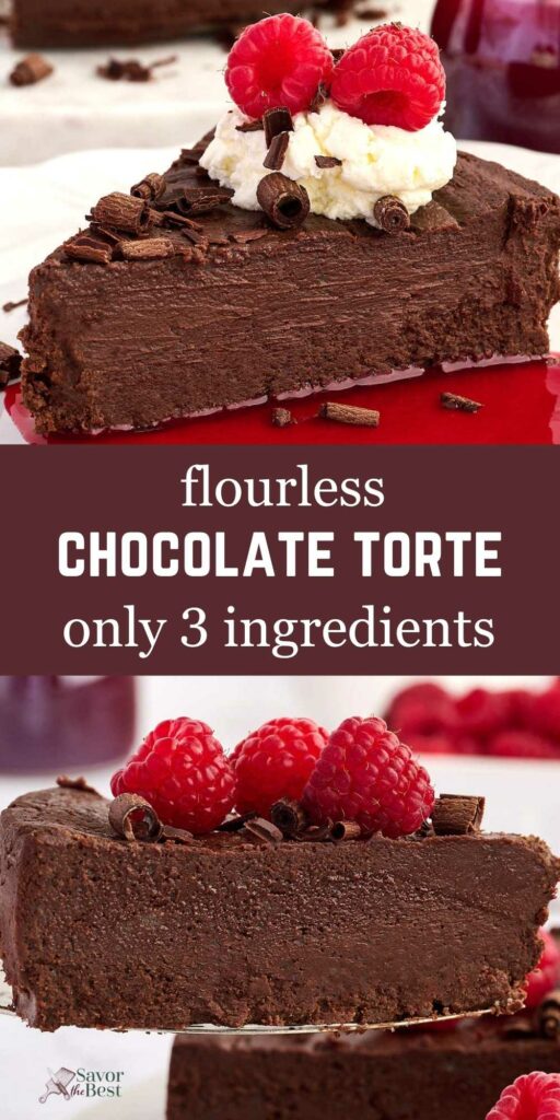 Slice of flourless chocolate torte with whipped cream, raspberries and chocolate shavings.