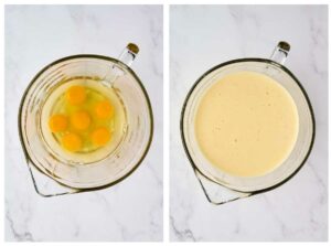 Whipping eggs to ribbon stage.