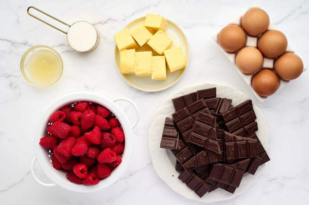 Ingredients used to make a recipe for flourless chocolate torte.