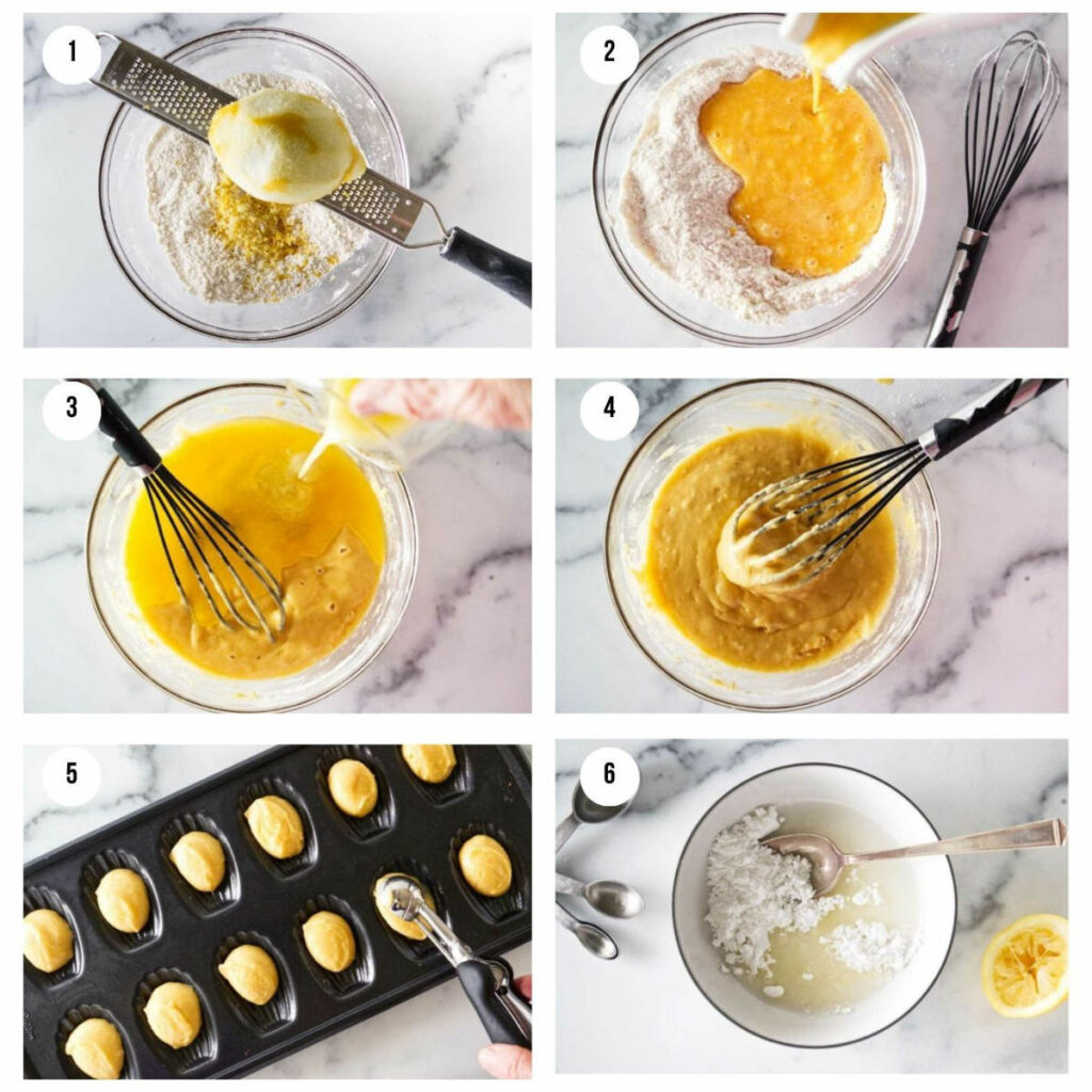 Six photos showing how to make lemon madeleines with a glaze.