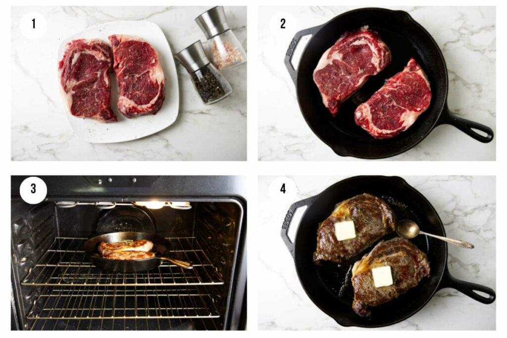 Step-by-step process of cooking ribeye steaks from raw to butter-topped in oven and skillet.