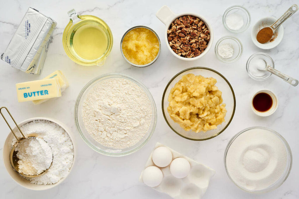 Ingredients used to make a hummingbird cake recipe.