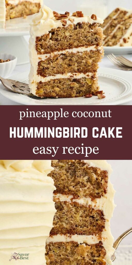 Three-layer pineapple coconut hummingbird cake with cream cheese frosting, recipe text visible.