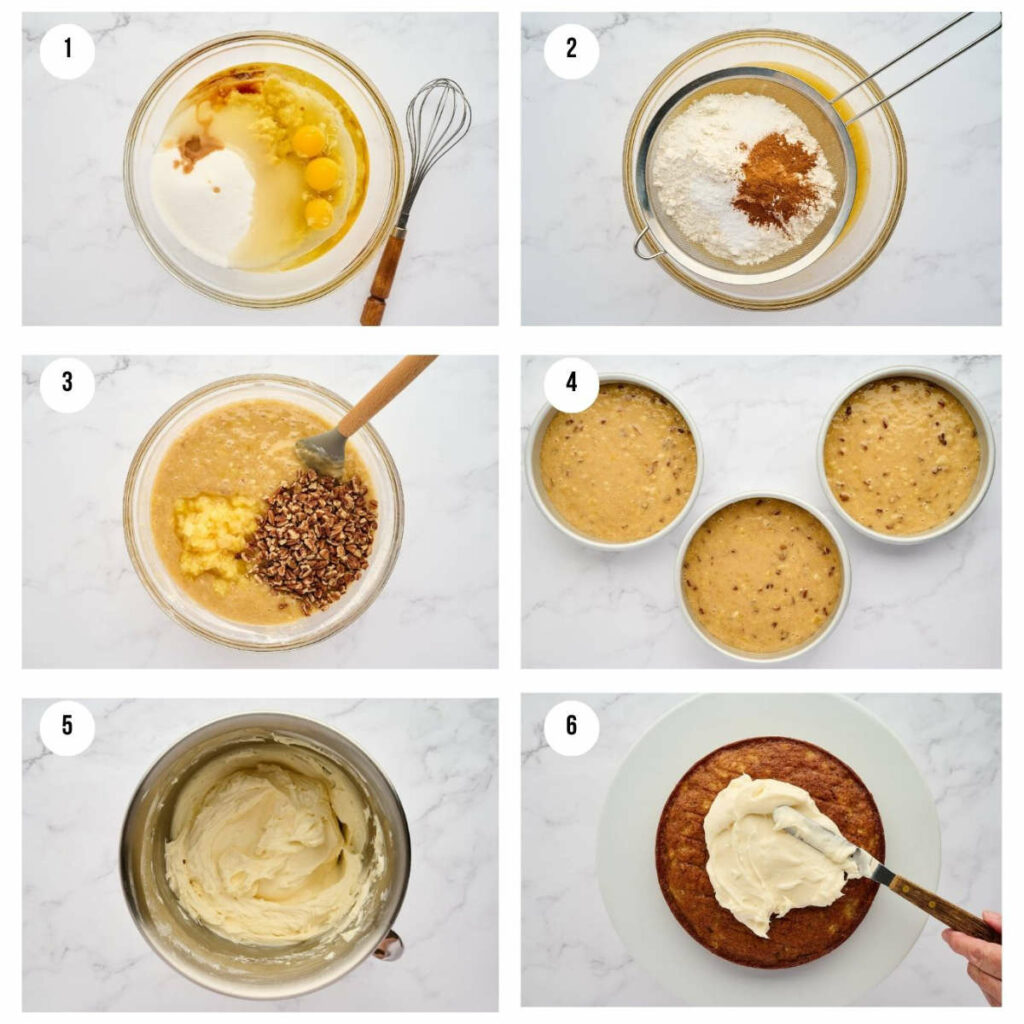 Collage of banana pineapple cake preparation: mixing, adding nuts, baking, frosting cake.