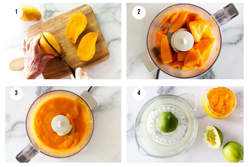 Four photos showing how to prep mangos and limes for a posset dessert.