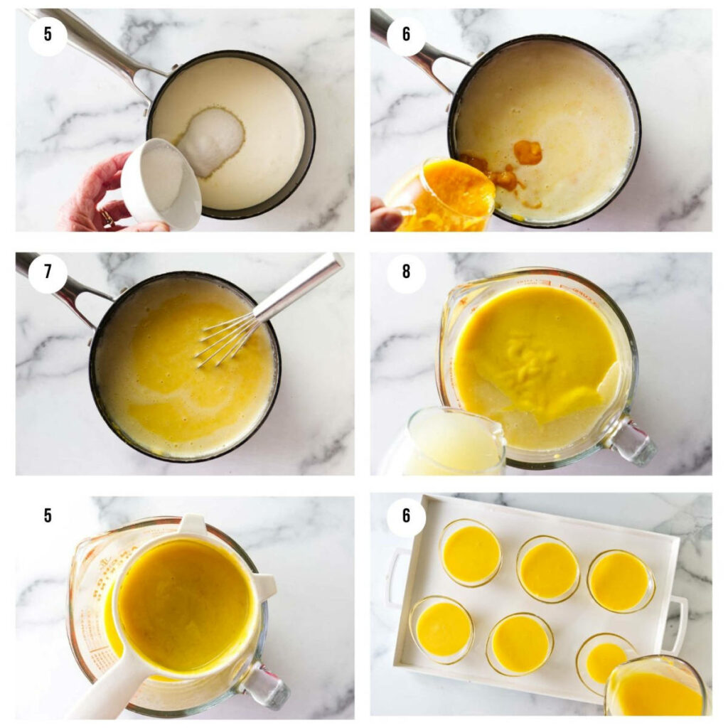 Six photos showing how to make a mango posset dessert.