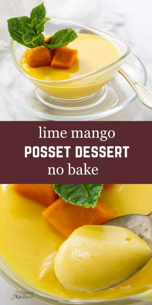 Mango lime posset cream dessert in a glass dish.
