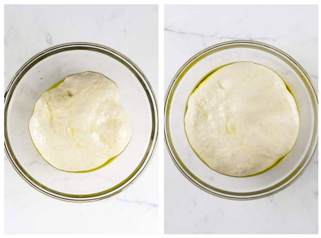 Two photos showing what the dough looks like after resting for 15 minutes.