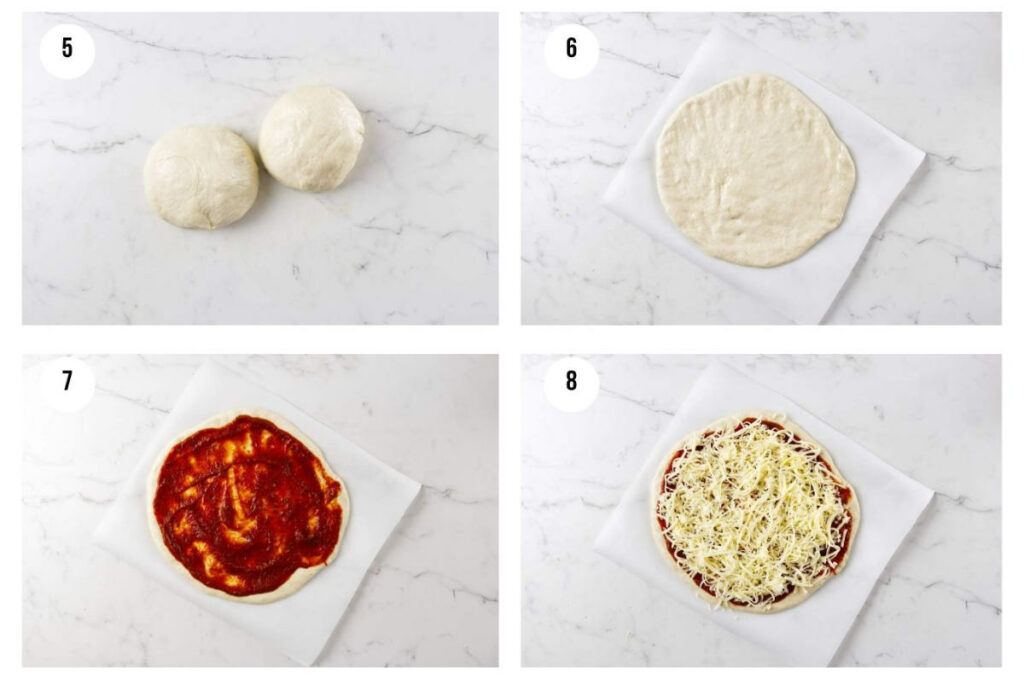Four stages of pizza making, from dough balls to cheese-covered pizza.