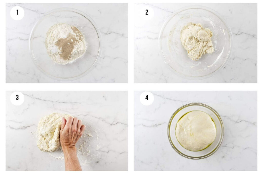 Four photos showing how to make homemade pizza dough.