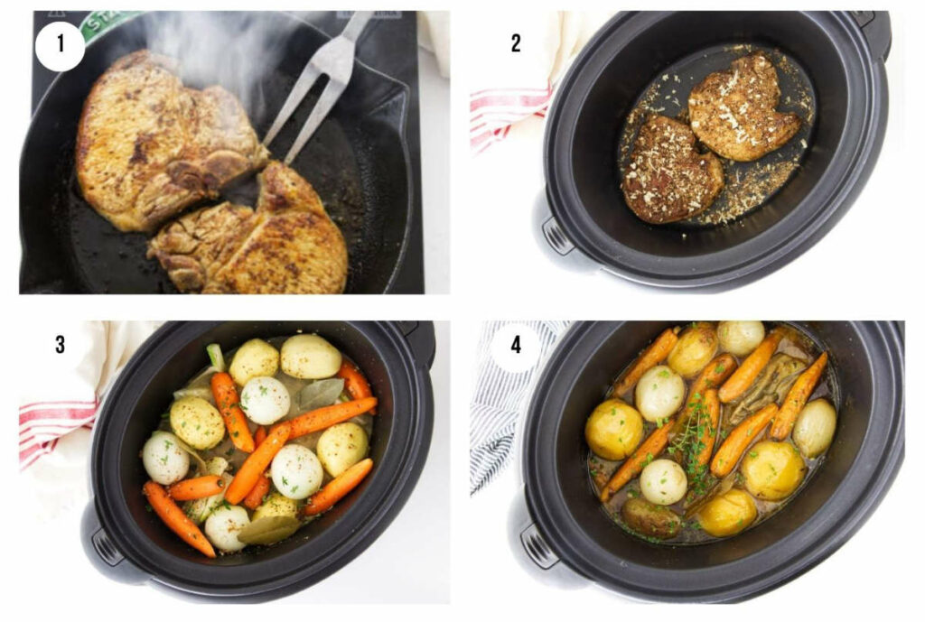 Four photos showing how to make slow cooker pork chops with vegetables.