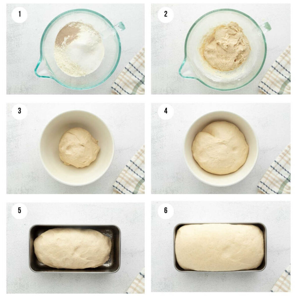 Six photos showing how to make soft white sandwich bread.