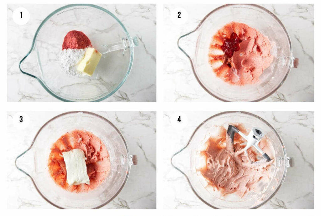 Four photos showing how to mix strawberry jam and strawberry powder into cream cheese frosting.