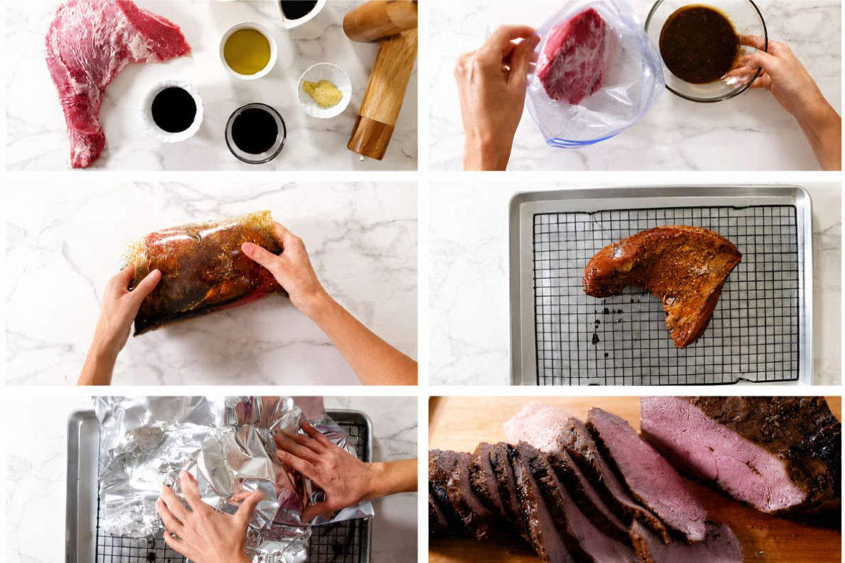 Collage of marinating, baking, and slicing a tri tip on wooden board.