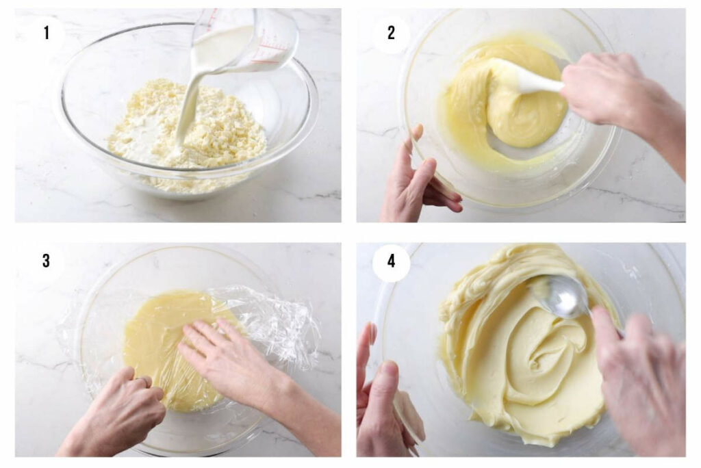 Four photos showing how to make white ganache; pouring cream, stirring in the chocolate, covering bowl, stirring creamy mixture.