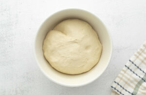 Bread dough in a bowl after bulk rise.