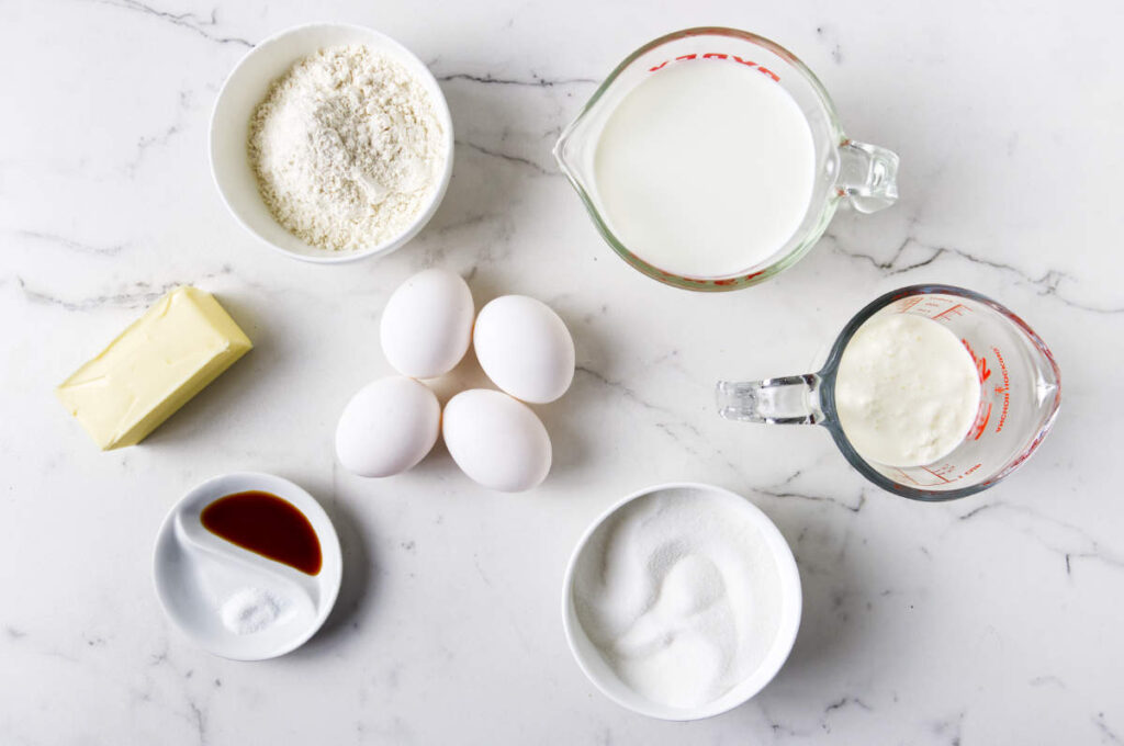 Ingredients used to make a layered custard cake.