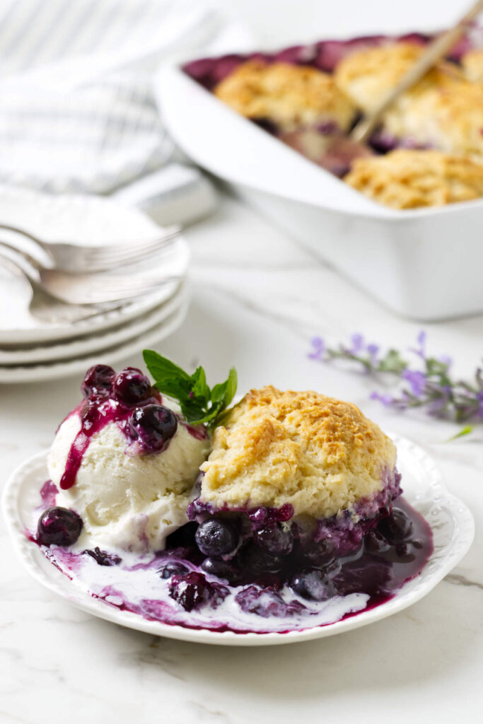 Serving of blueberry cobbler with vanilla ice cream and a golden biscuit topping.