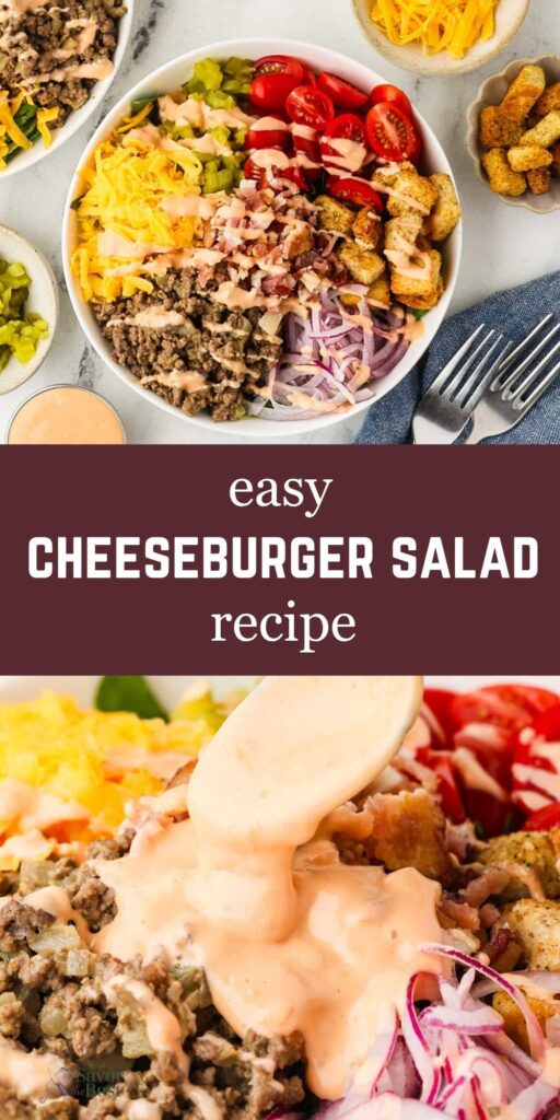 Salad bowl with toppings in sections; close-up of dressing drizzled over salad.