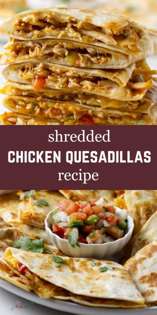 A pinterest image of chicken quesadillas next to pico de gallo.