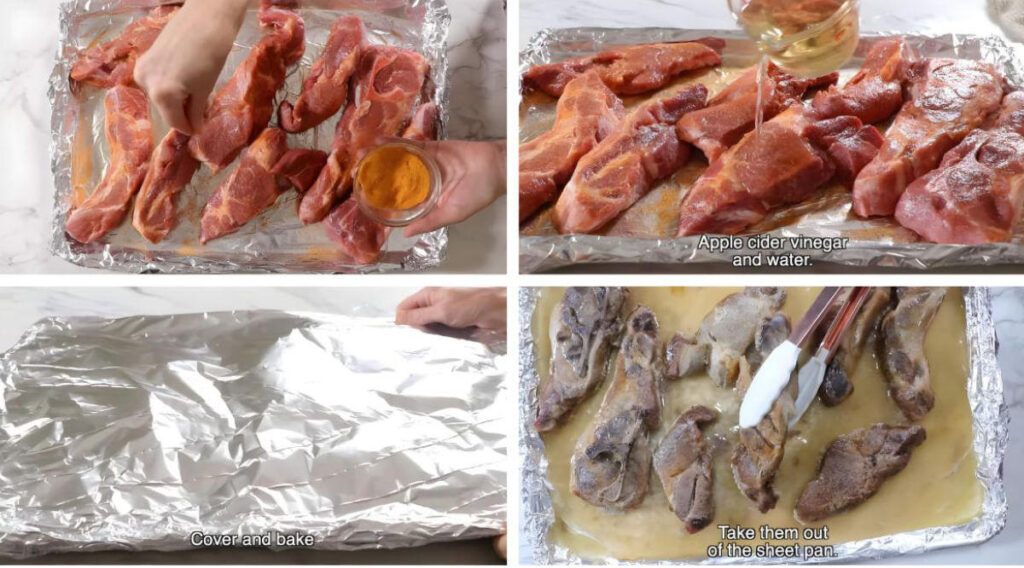 Four photos showing how to make country style ribs in the oven.