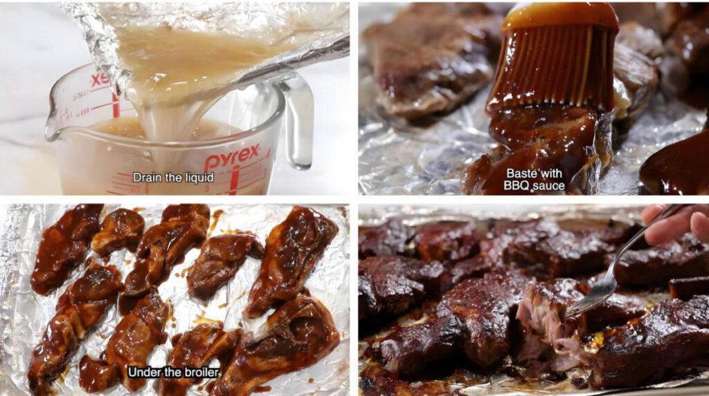 four photos showing how to cook country ribs on a sheet pan.