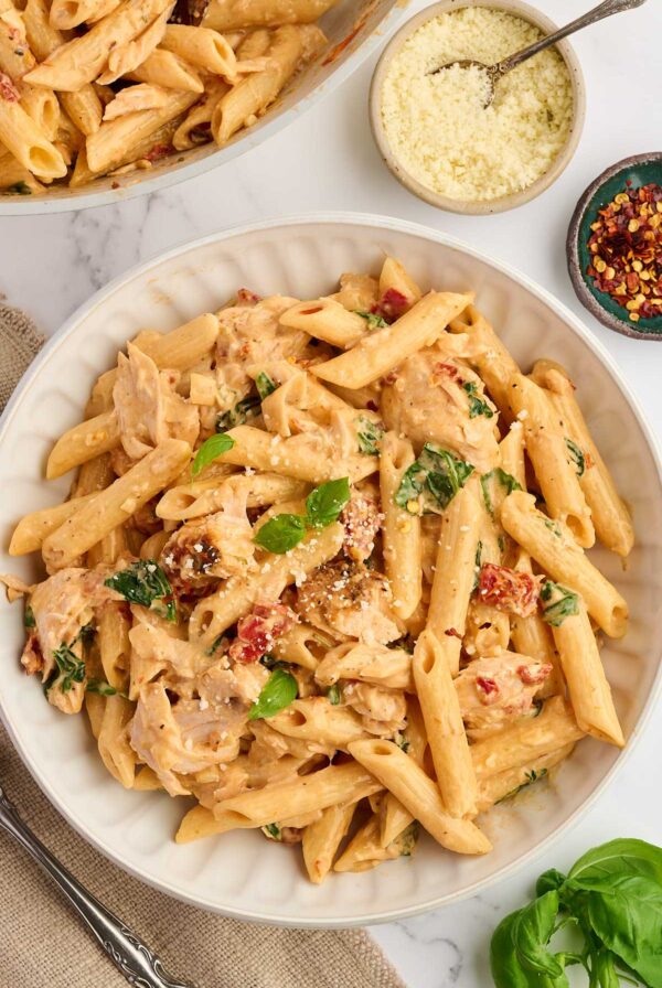 A bowl of salmon penne pasta next to a dish of parmesan cheese.
