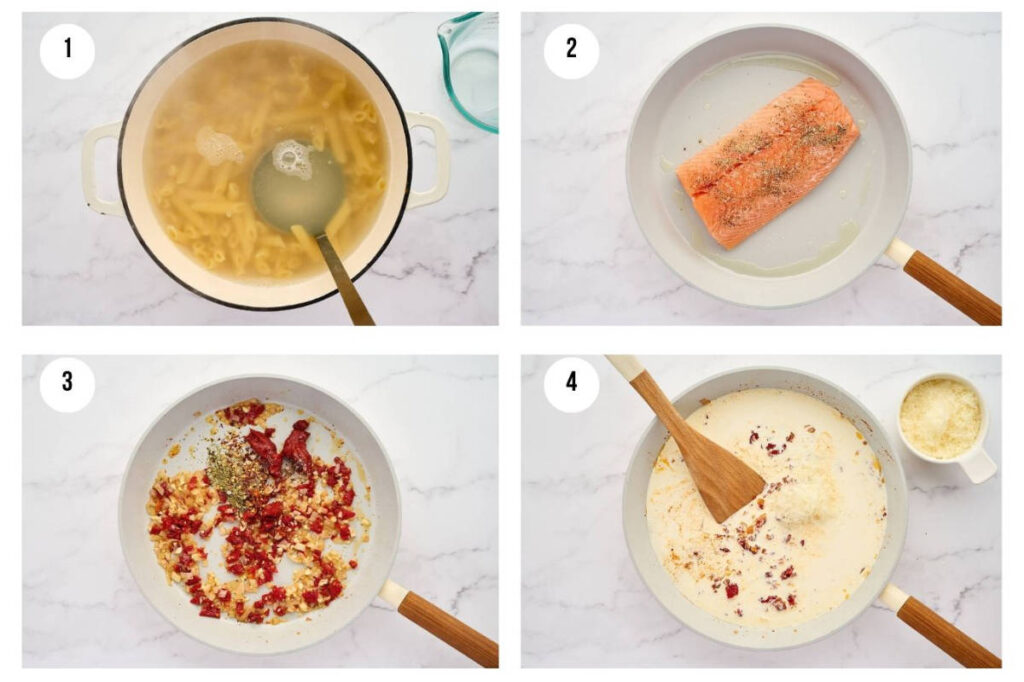 Four photos showing how to make creamy salmon pasta.