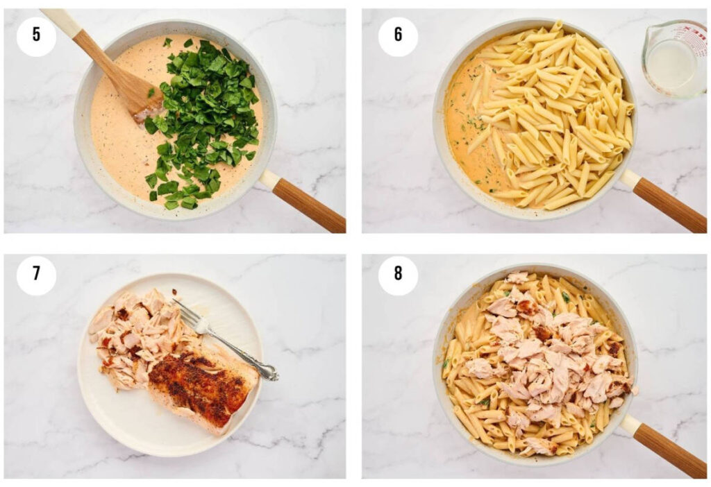Four photos showing how to make salmon pasta with cream sauce.