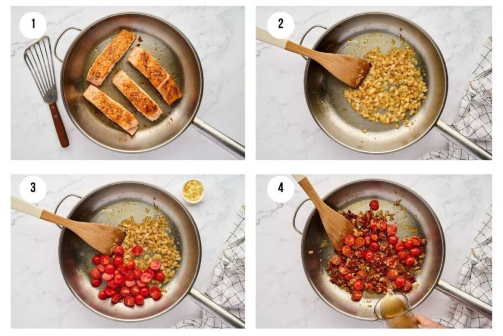 Four photos showing how to sear salmon and start the sauce for the skillet dinner.