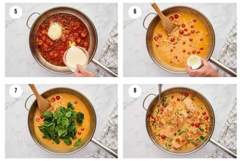 Four photos showing how to make tuscan cream sauce with salmon.