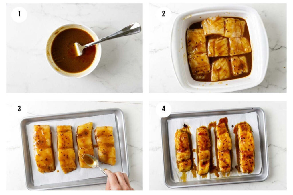 Four photos showing how to make miso halibut on a sheet pan.