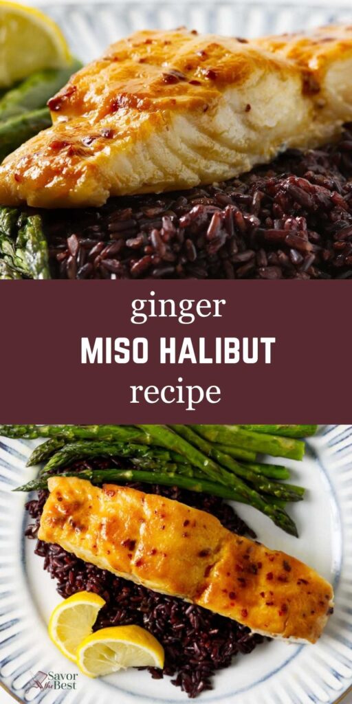 Miso glazed halibut on a bed of rice next to asparagus.