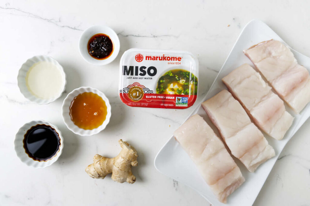 Ingredients used to make miso halibut in the oven.