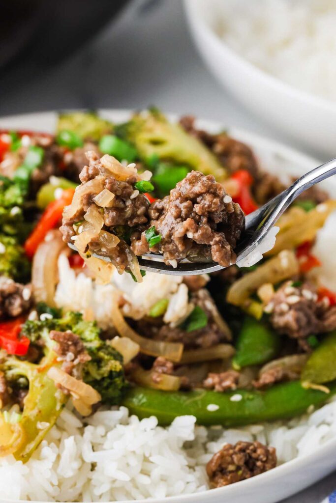 Spoonful of ground beef stir fry with vegetables over white rice.