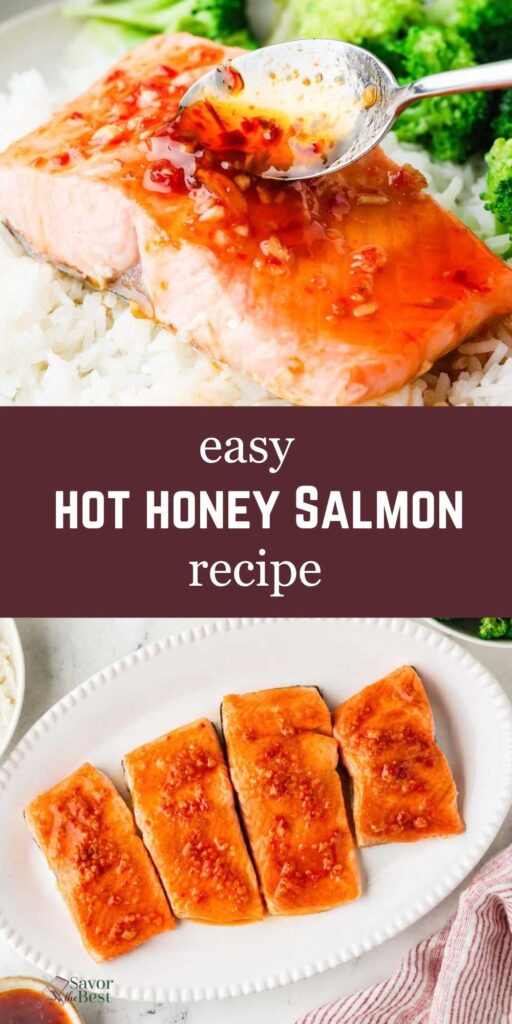 Four salmon fillets on a platter and a spoon drizzling hot honey sauce over the top.