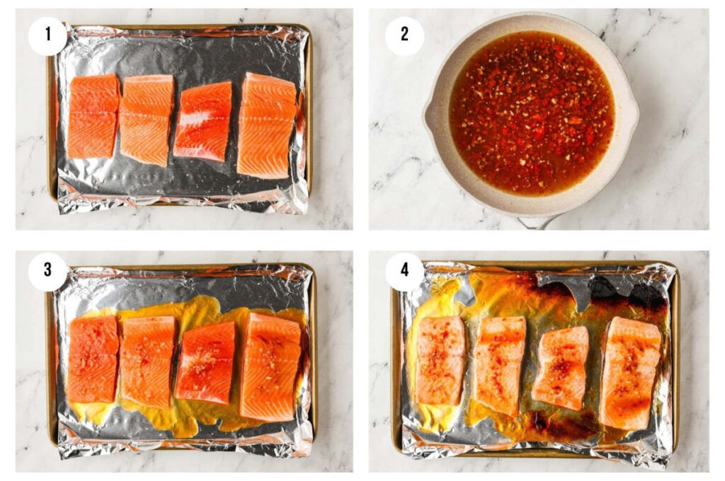 Four photos showing how to make hot honey salmon.