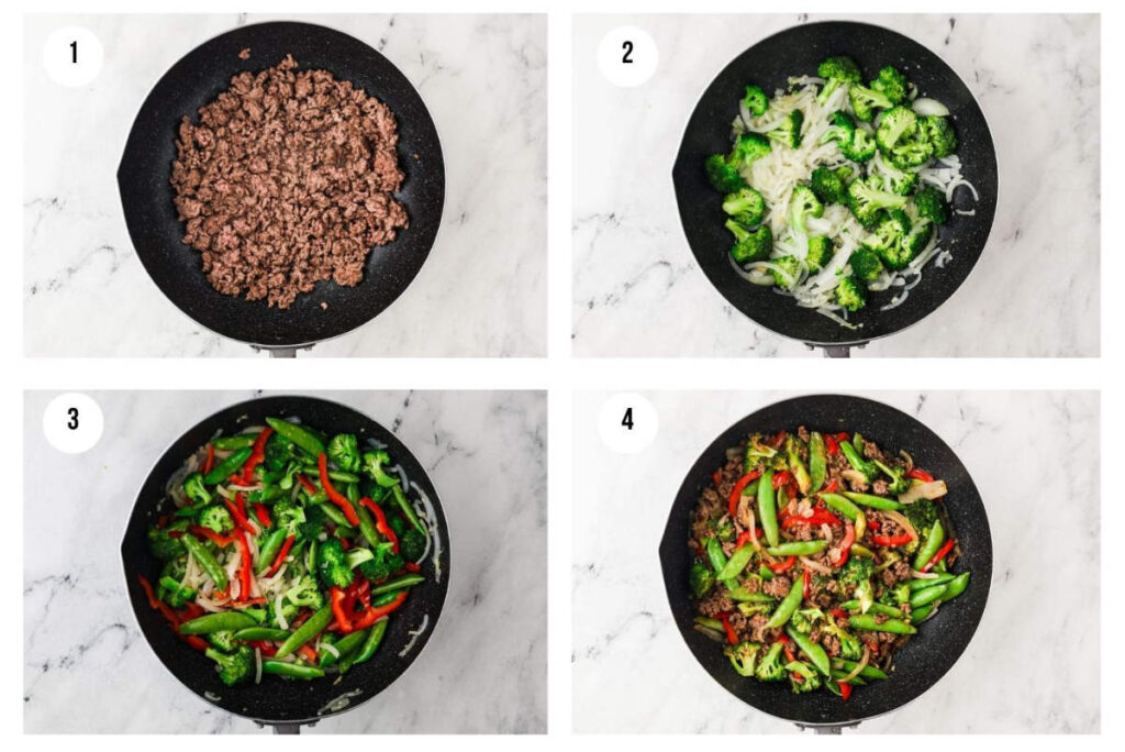Step-by-step process photos showing how to make ground beef stir fry.