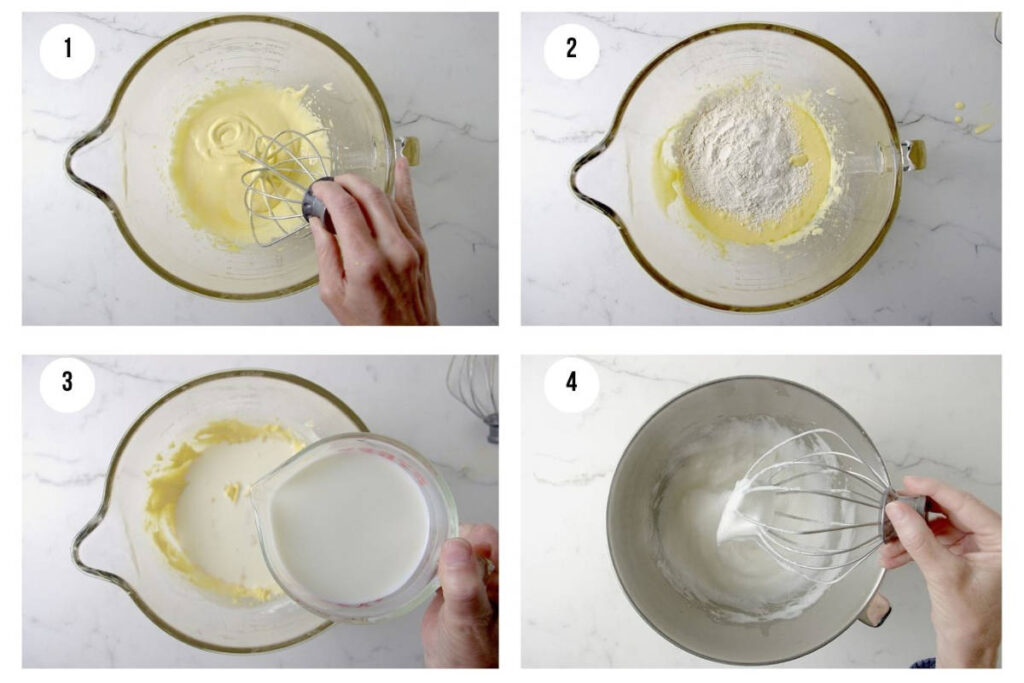 Four process photos showing egg whites folded into batter, batter in the pan.