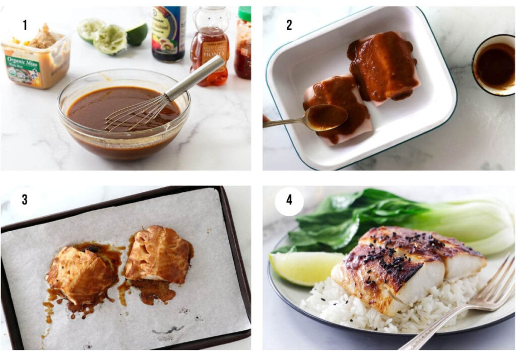 Four photos showing how to make miso glazed sea bass in the oven.