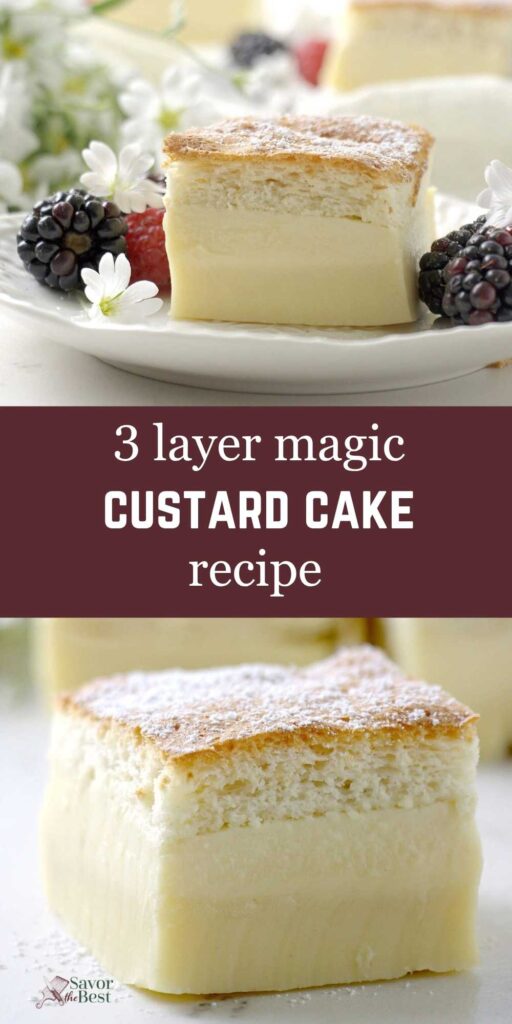 Pinterest graphic for a three-layer magic custard cake recipe with a plated cake slice.