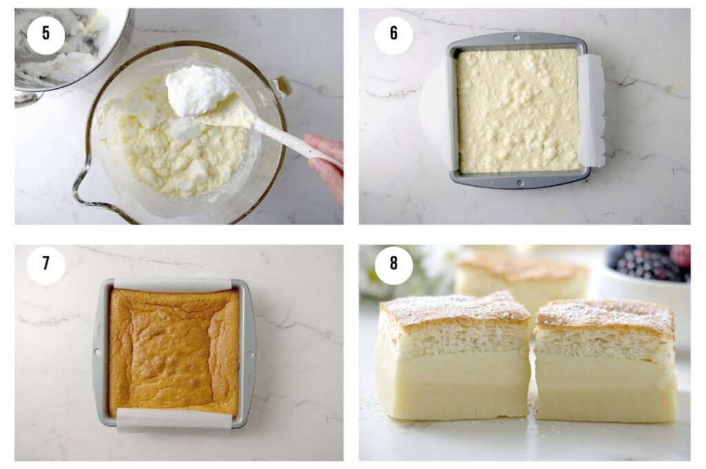 Four process photos showing whipped egg whites, beaten egg yolks, flour added, and milk poured into the batter.
