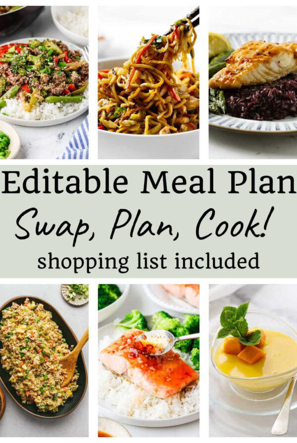 Collage of six meals with central text: Editable Meal Plan; shopping list included.