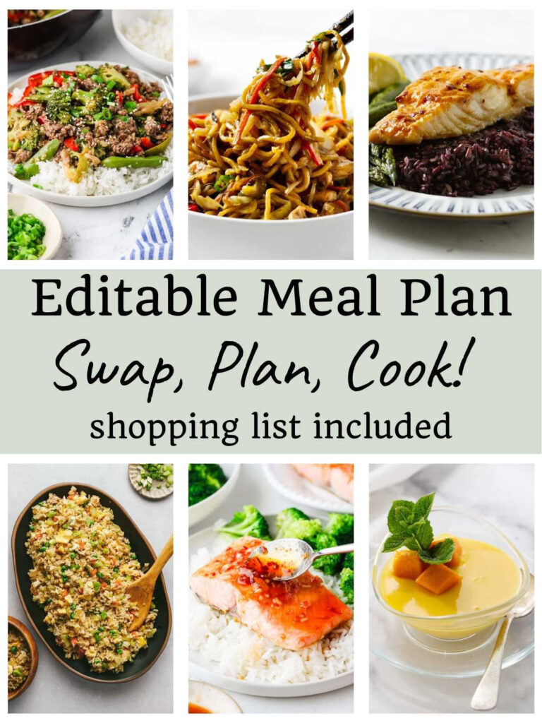 Collage of six meals with central text: Editable Meal Plan; shopping list included.