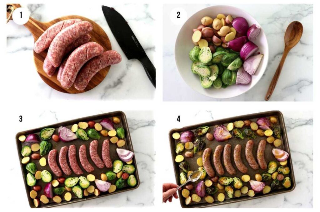 Four photos showing how to cook sausage and vegetables in a sheet pan.